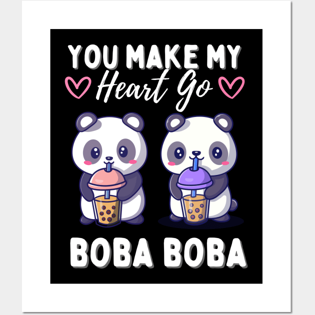Cute Pandas in Love Drinking Boba Wall Art by Designs by Niklee